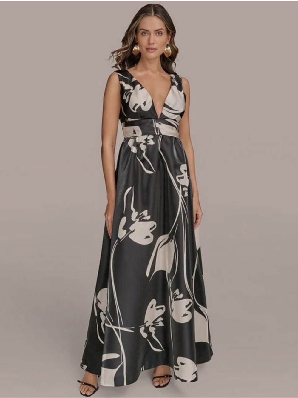 Donna Karan Black & Cream Floral V-Neck Maxi Dress